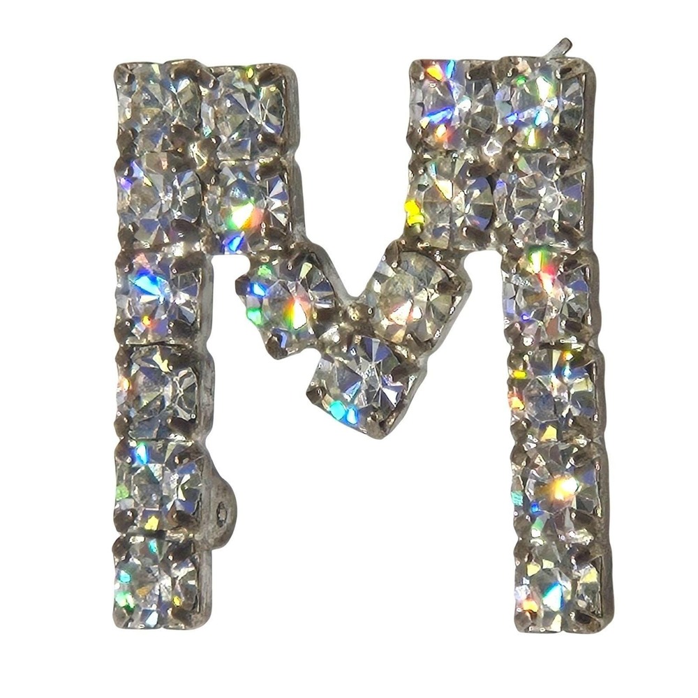 Vintage Initial M Rhinestone Brooch Letter Silver Tone Monogram Pin 1 in